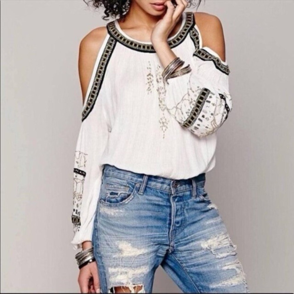 Free People Cold Shoulder Blouse Womens XS White Beaded Embroidered Boho Top